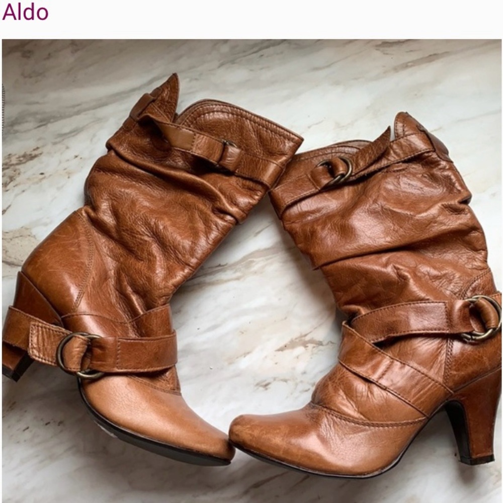 Aldo Leather Slouchy Heeled Mid-calf Buckle Accent Boot
